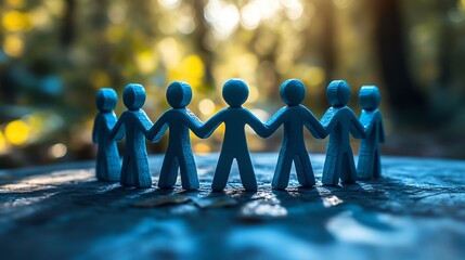 Poster - Blue figurines forming a connected circle, hands linked, symbolizing teamwork and unity, supportive and harmonious environment, gentle lighting, Midjourney V6