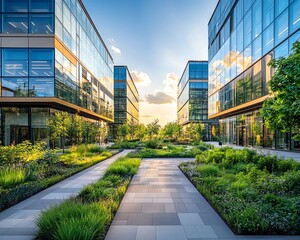 Aufkleber - Modern business area featuring sustainable companies, ecofriendly office buildings, and green landscapes, emphasizing a futurefocused, environmentally responsible district