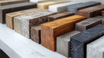 Poster - Various wooden blocks arranged on a table showcasing different textures and colors for design use