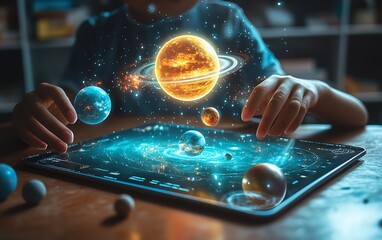 Poster - Tablet on a classroom desk projecting a 3D hologram of planets and the cosmos, demonstrating the power of AR technology in enhancing educational learning experiences