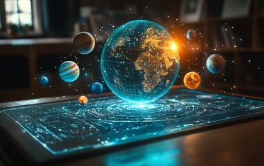 Fototapete - Tablet on a classroom desk projecting a 3D hologram of planets and the cosmos, demonstrating the power of AR technology in enhancing educational learning experiences