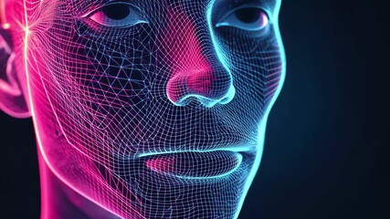 Leinwandbilder - Dynamic abstract design featuring intricate wireframe lines in vibrant colors representing a human face, Abstract wireframe / lines