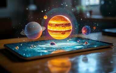 Fototapete - Tablet on a classroom desk projecting a 3D hologram of planets and the cosmos, demonstrating the power of AR technology in enhancing educational learning experiences