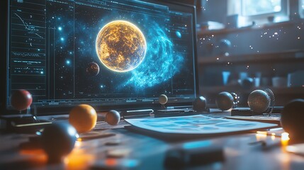 Poster - ARpowered tablet on a classroom desk, projecting a hologram of the cosmos and planets, symbolizing the use of immersive technology in modern education