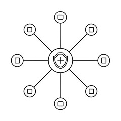 Poster - Abstract Graphic of Network Connections with Shield Center and Dots for Security and Technology Themes