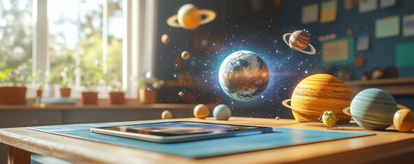 Leinwandbilder - Interactive learning scene with a tablet displaying an AR hologram of planets, stars, and the cosmos on a classroom desk, showcasing the future of education through AR technology