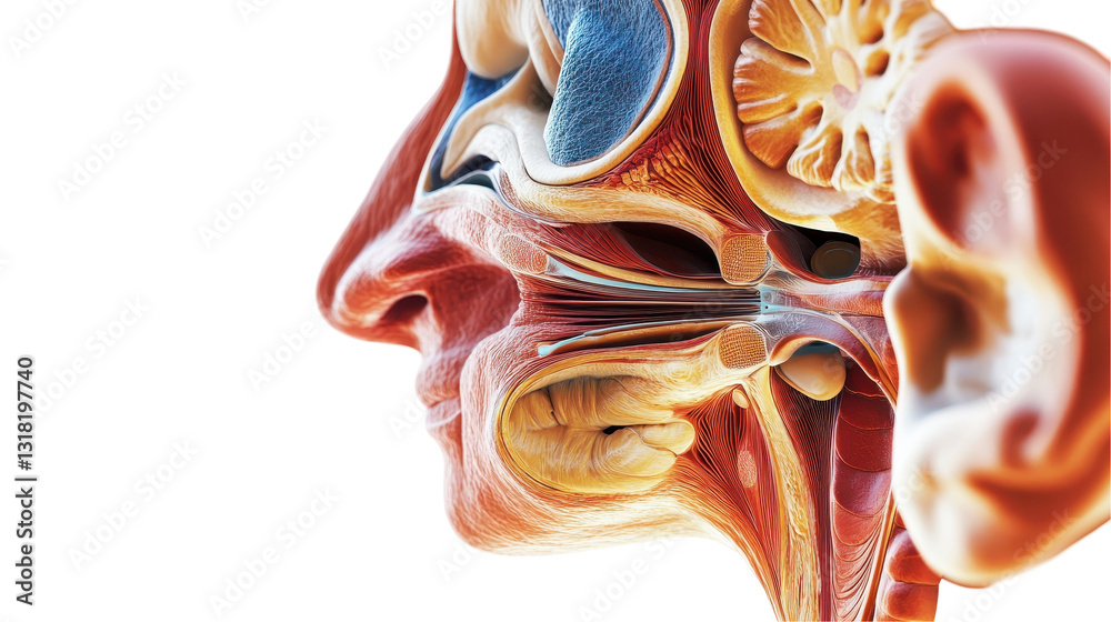 Detailed anatomical illustration of human head and neck structures ...