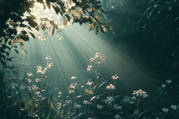 Poster - A serene forest scene capturing sunlight filtering through trees, illuminating delicate wildflowers. This enchanting image evokes tranquility and natural beauty.