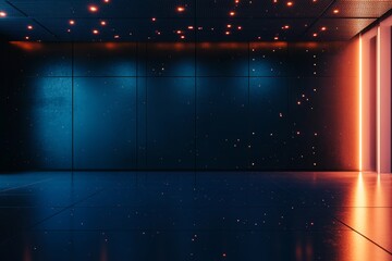 Poster - This captivating abstract image showcases a modern room with dark walls and colorful lights. The space evokes a futuristic atmosphere, perfect for creative projects.