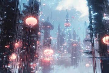 Poster - A mesmerizing futuristic cityscape features glowing lanterns amidst a misty atmosphere, blending technology and nature in a surreal design.
