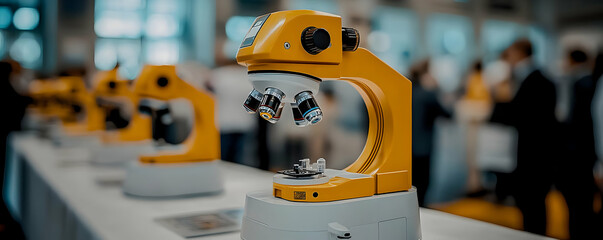 Poster - Microscopes at science fair; blurred background