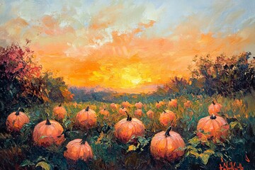 Poster - A vibrant sunset illuminates a pumpkin field, showcasing rich hues of orange and yellow. This artistic landscape captures the essence of autumn harvest beautifully.