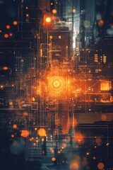 Poster - A mesmerizing abstract design showcases digital technology with vibrant orange glow, intricate patterns, and glowing lines representing data flow and innovation.