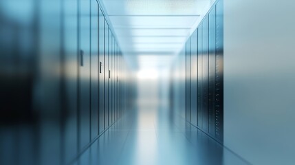 Poster - A sleek corridor in a modern data center featuring server cabinets lined along the walls, illuminated by soft and ambient lighting creating a futuristic atmosphere.