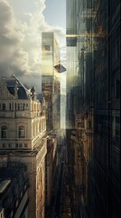 Poster - this captivating urban scene showcases the blend of modern glass structures alongside historical bui