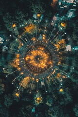 Poster - aerial view showcasing a circular layout of iot nodes highlighted by radiant lights. the interconnec