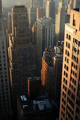 Poster - a captivating overhead view of towering skyscrapers in a bustling urban environment. the warm mornin