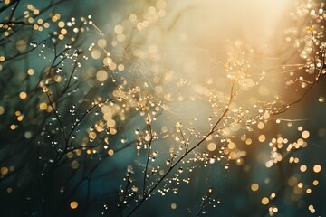 Poster - A captivating scene showcasing delicate branches adorned with glistening dew drops, illuminated by soft sunlight, creating a tranquil and ethereal atmosphere.