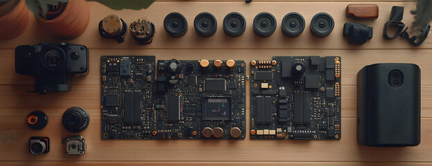 Poster - Tech parts flatlay circuit boards, camera