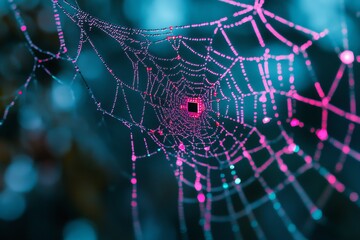 Poster - Colorful Spider Web with Dew Drops in a Vibrant Forest Setting
