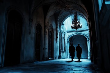 Poster - Explore the serene beauty of a gothic hallway, where shadows blend with elegant architecture under a glowing chandelier, evoking a sense of mystery.