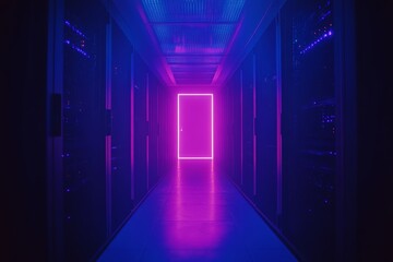 Poster - Explore a captivating data center corridor featuring a glowing pink doorway, creating a striking contrast against the dark backdrop of server racks.