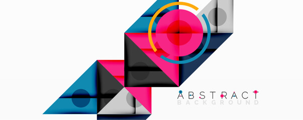 Wall Mural - Geometric abstract design with layered triangles, circles, and gradients, forming a structured pattern with sharp contrasts and depth