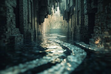 Wall Mural - A dark tunnel with a river running through it. The water is murky and the light is dim