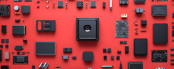 Poster - Tech components, red background, camera