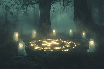 Poster - A mysterious scene depicting ghostly figures surrounding an illuminated circle in a foggy forest, blending elements of the supernatural and tranquility.