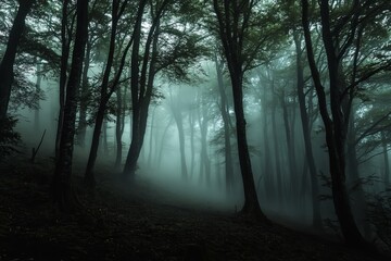 Poster - A serene and mysterious foggy forest landscape featuring dense trees shrouded in mist. This atmospheric scene evokes tranquility and depth in nature.