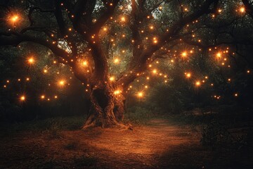 Poster - A magnificent tree illuminated by glowing lights, creating an enchanting atmosphere in a tranquil forest. This magical scene evokes a sense of wonder and fantasy.
