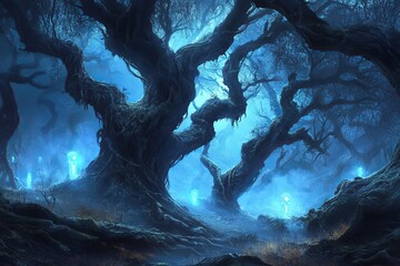 Poster - A mystical forest scene featuring twisted ancient trees illuminated by ethereal blue lights in a foggy, enchanting atmosphere, ideal for fantasy-themed projects.