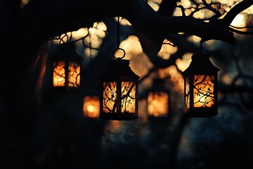 Poster - Enchanting scene of glowing lanterns suspended from branches during twilight. The warm light creates a magical atmosphere in a serene forest setting.