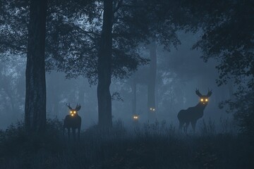 Poster - A mystical misty forest scene at night features deer with glowing eyes peering through the fog, creating an atmosphere of magic and intrigue.