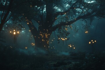 Poster - A serene forest scene showcases a majestic tree surrounded by glowing lanterns, creating a mystical atmosphere at twilight, evoking a sense of wonder.