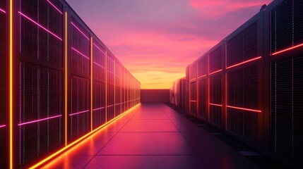 Poster - A stunning perspective of a futuristic data center lined with vibrant neon lights against a breathtaking sunset sky, showcasing modern technology and innovation.