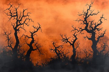 Poster - a visually striking image of silhouetted trees against a vivid orange sunset, showcasing intricate b