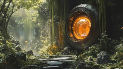Poster - Explore a surreal fantasy landscape depicting a futuristic IoT device harmoniously integrated into nature, showcasing vibrant colors and dreamlike scenery.