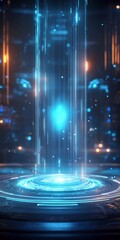 Poster - a stunning futuristic portal emits blue light, surrounded by digital effects and patterns, creating 