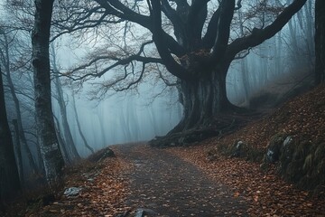Poster - A serene forest path leads through a foggy landscape, featuring an ancient tree surrounded by fallen leaves. The soft mist creates a tranquil atmosphere.