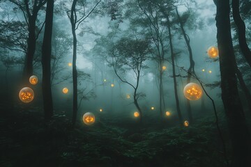 Poster - A mystical forest filled with glowing orbs hung between tall trees shrouded in mist. This enchanting scene invites viewers to explore its serene beauty.
