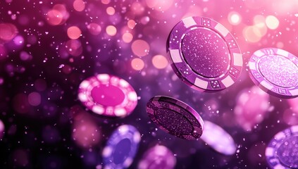 Poster - A vivid depiction of colorful casino chips falling through the air against a rich purple background