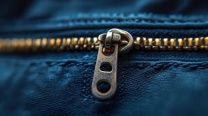 Wall Mural - close-up of a metal zipper on blue fabric