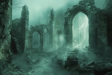 Poster - Discover a haunting scene of ancient ruins bathed in an ethereal glow, surrounded by thick fog. This mysterious landscape invites exploration.