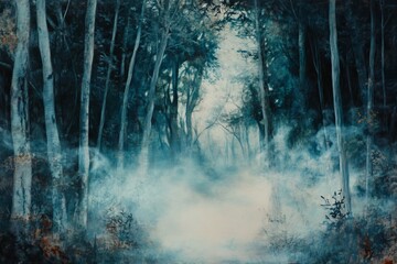 Poster - A captivating image of a misty forest pathway enveloped in gentle fog, surrounded by towering trees. This serene scene evokes tranquility and mystery.
