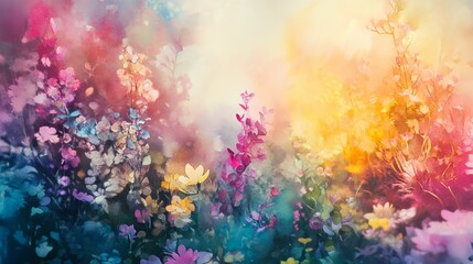 Poster - This vibrant floral background features colorful blossoms illuminated by soft light, creating a dreamy, tranquil atmosphere perfect for various creative projects.