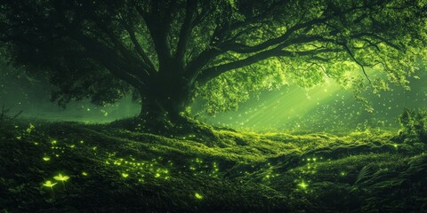 Poster - Serene Glowing Forest with Majestic Tree and Soft Sunlight Rays