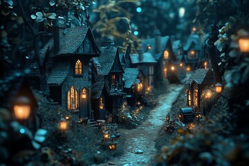 Poster - A charming village scene illuminated by glowing lanterns under a magical night sky. The cozy houses are nestled in a serene forest, creating a captivating atmosphere.