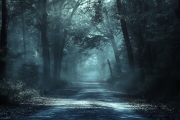 Poster - A hidden path winding through a dark forest enveloped in fog, creating an enchanting and mysterious atmosphere. Perfect for nature lovers and explorers.